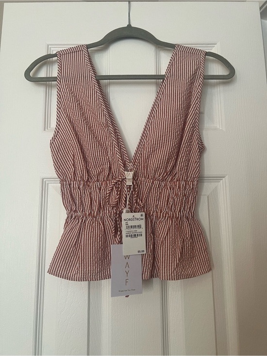Wayf Tops - Wayf Red & White Striped Deep V Peplum Tank